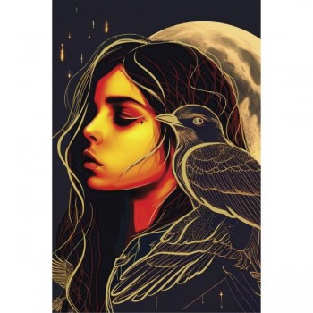 Алмазная мозаика с частичным заполнением «Девушка с вороном»‎